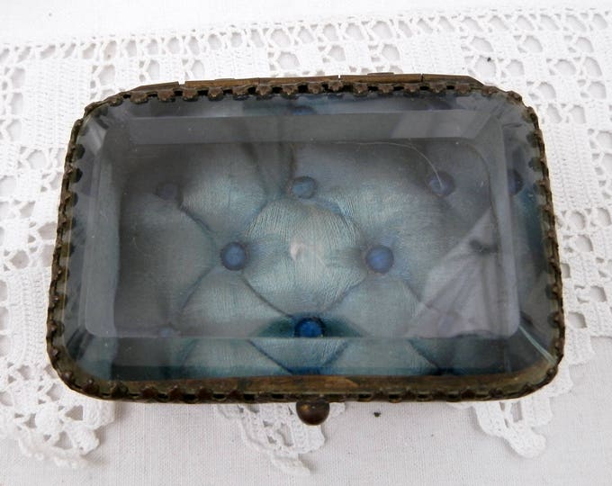 Antique French Beveled Glassed Lid and Gilt Metal Jewelry / Trinket Box with Turquoise Satin Linning, French Country Chateau Chic Decor