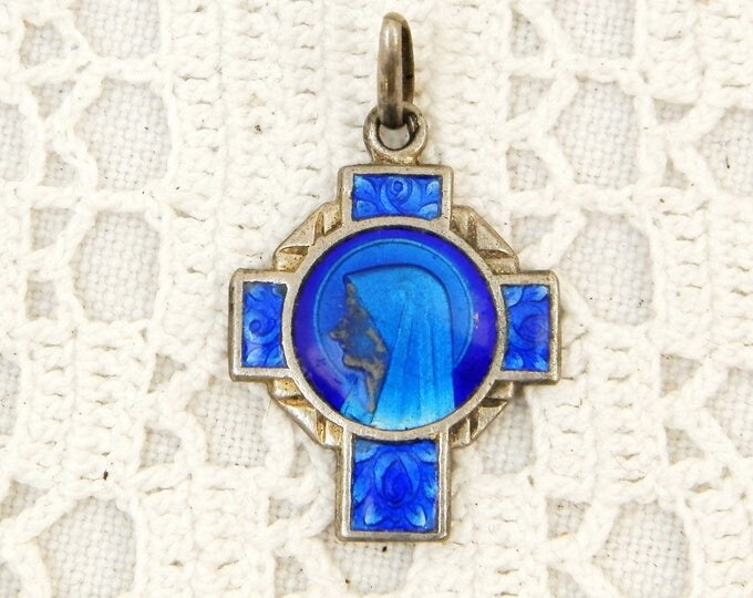 Antique Silver and Blue Enamel Religious Medal Virgin Mary on the Reverse is Notre Dame de Lourdes, Christian Religion, Catholic Jewelry