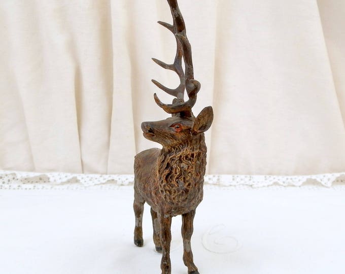 Antique Cold Painted Cast Metal Stag with Large Antlers Sculpture, Deer Statue, Forest Animal, French Brocante Decor Christmas Chreche