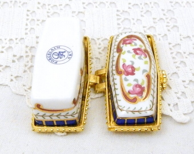 Small Vintage French Hand Painted Porcelain Pill Box with Floral Pattern, Tiny Hinged Rectangular Ceramic / China and Metal Box from France Small Vintage French Hand Painted Porcelain Pill Box with Floral Pattern, Tiny Hinged Rectangular Ceramic / China and Metal Box from France