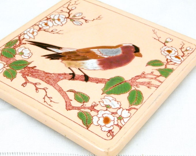 Antique French Longwy Ceramic Trivet / Hot Plate in Pink Glaze with Bird / Finch Pattern, Retro Kitchenware Pottery Hotplate from France