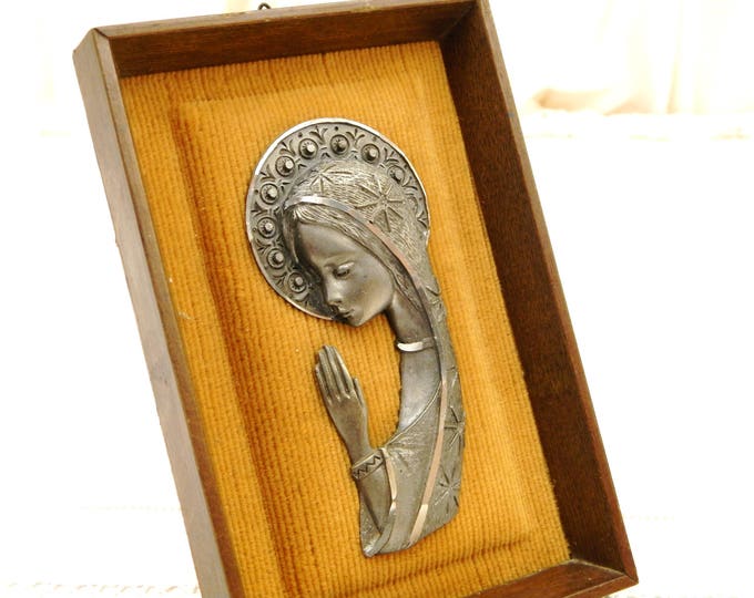 Vintage Mid Century 1960s Religious 3D Pewter Image of Virgin Mary, Framed Cast Metal Bas Relief of Our Lady / Madonna on Yellow Velvet