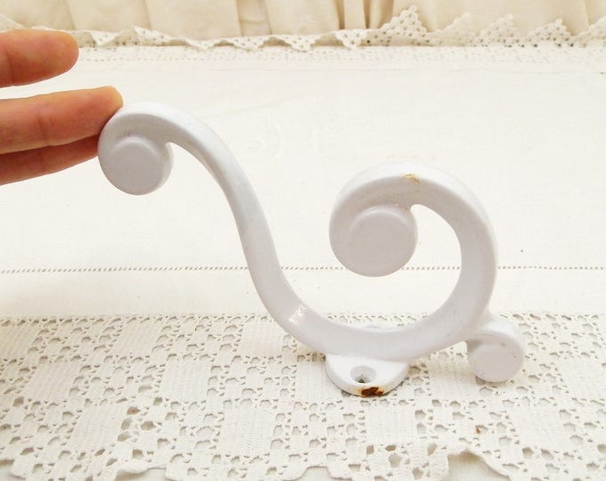 Vintage White Enameled Cast Metal Scrolled Coat and Hat Hook from France, French Shabby Chateau Chic Enamelware Coat Hanger, Farmhouse Decor