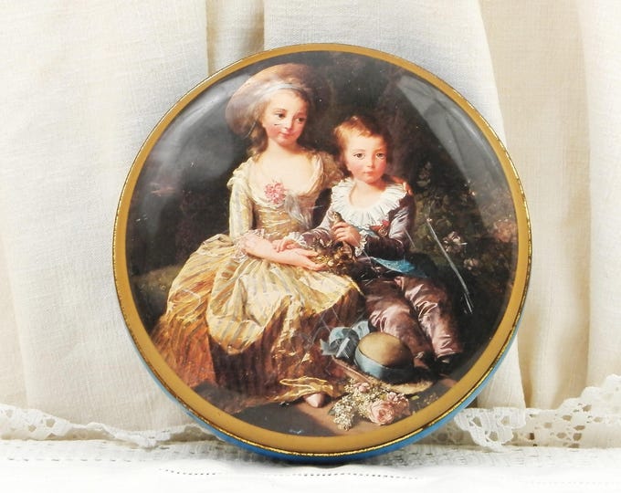 Vintage French Lithographed Metal Tin With Image of 18th Century Oil Picture Queen Marie Antoinette's Children, Collectible Box from France