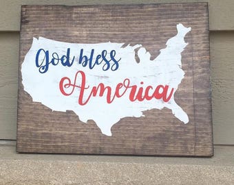 Wooden Sign God Bless America Vertical American Flag