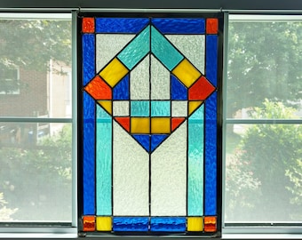 Geometric Stained Glass Panel - Stained Glass Window - Modern Art - Contemporary Stained Glass - Blue Glass - Wedding Gift - Privacy Screen