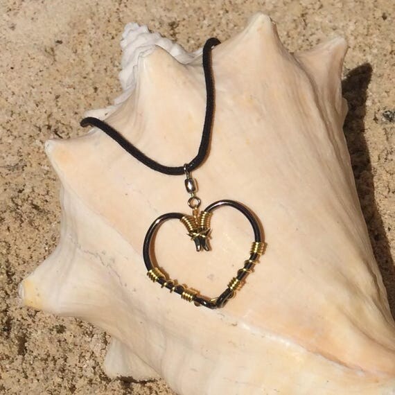 The REAL Fish HOOK HEART Necklace Gold on Black Hooks