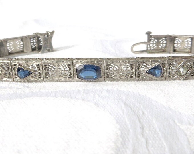 Art Deco Sterling Sapphire Bracelet, 1920's, Filigree Panels, Art Deco Jewelry, Signed