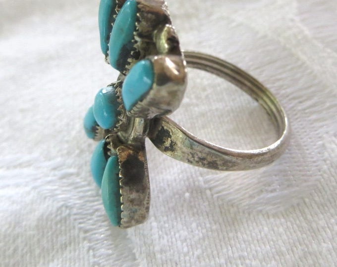 Vintage Zuni Ring, Sterling Turquoise Petit Point Ring, Native American Old Pawn Jewelry