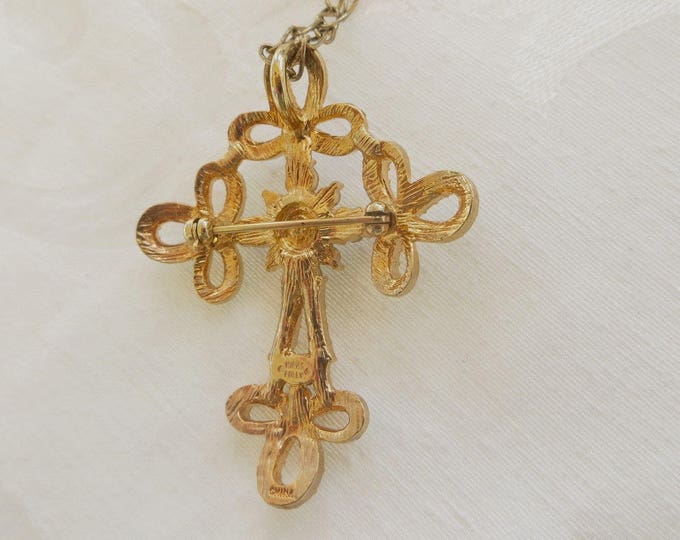 Kirks Folly Cross Necklace, Vintage Cross Brooch, Aurora Borealis Rhinestones, Crystal Beads