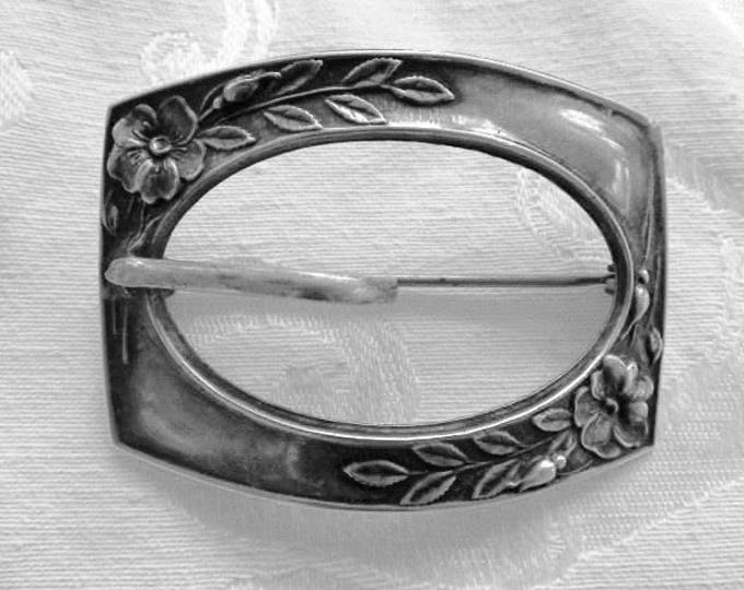 Sterling Buckle Brooch, Art Nouveau Leaves and Vines, Vintage Sterling Silver Buckle Pin