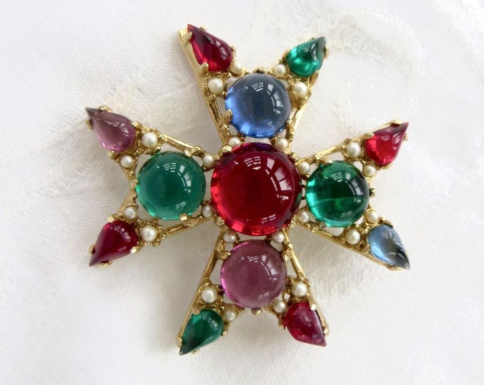 Vintage Maltese Cross Brooch, Malta Cross Pin, Maltese Cross Pendant, Gripoix Heraldic Jewelry