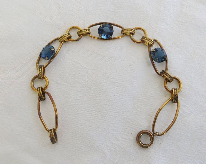 Vintage Rhinestone Bracelet, Open Link with Cobalt Chaton Rhinestones