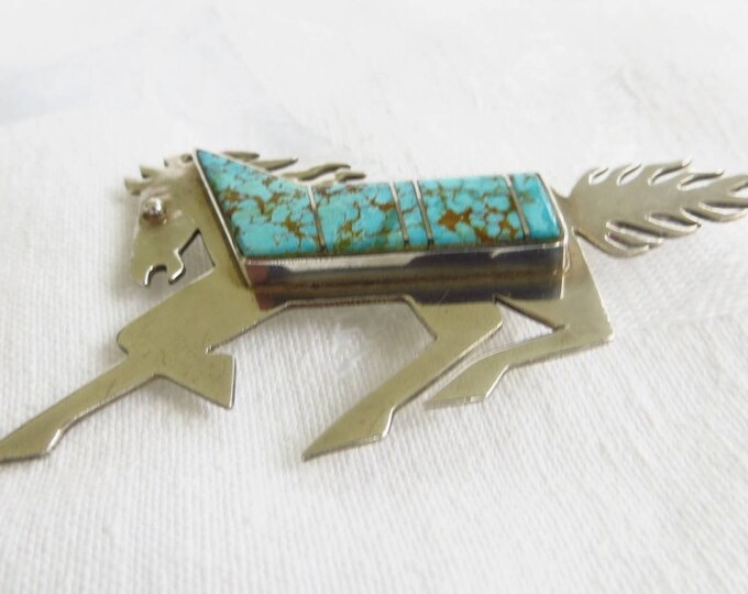 Sterling Horse Brooch, Turquoise Horse Pin, Southwest Style, Vintage Equestrian Jewelry