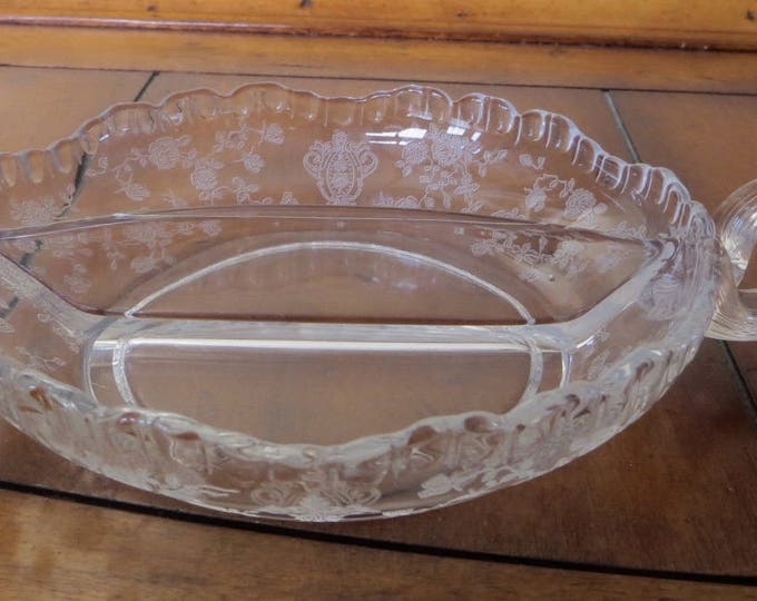 Cambridge Glass Rose Point Divided Dish, Vintage Etched Glass, Candy Dish, Serving Plate, Elegant Depression Glass