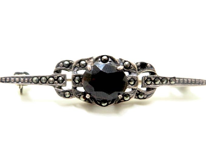 Vintage Sterling Marcasite Brooch, Garnet Glass Stone, Art Deco Bar Pin, Art Deco Jewelry