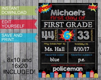Back to School First Day of Chalkboard Signs Boys Superheroes Grades - Personalized Instant Download 8x10 16x20 Digital Files