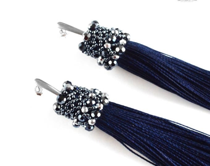 Long tassel earrings, cobalt earrings, Large Statement Earrings, bohemian earrings, boho jewelry, Extra Long Earrings, boho chic earrings