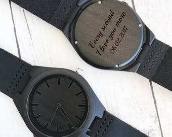Mens Watch Personalized Mens Watch Leather Watch for Men Black Watch Wood Watch Mechanical Watch Engraved Wood Watch Gift for Him Mens
