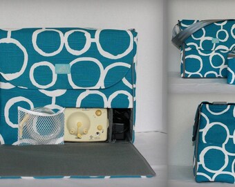 Alana style Breast Pump Bag in Teal White Circles print