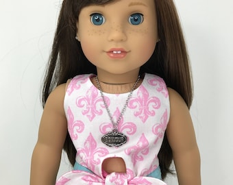 18 inch doll clothes- Doll size necklace with a Pendant that says Bonjour.