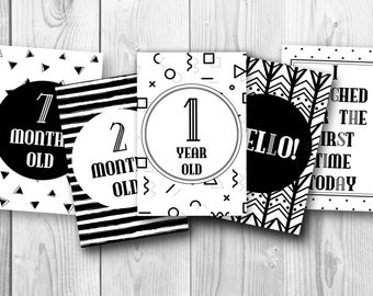 Baby Milestone Cards - Printable for New Baby, Photo Prop Monochrome Geometric Design Weekly Monthly Birthday Photo Baby Shower Gift