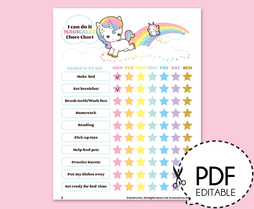 unicorn magic chore and reward charts day plannerprintable
