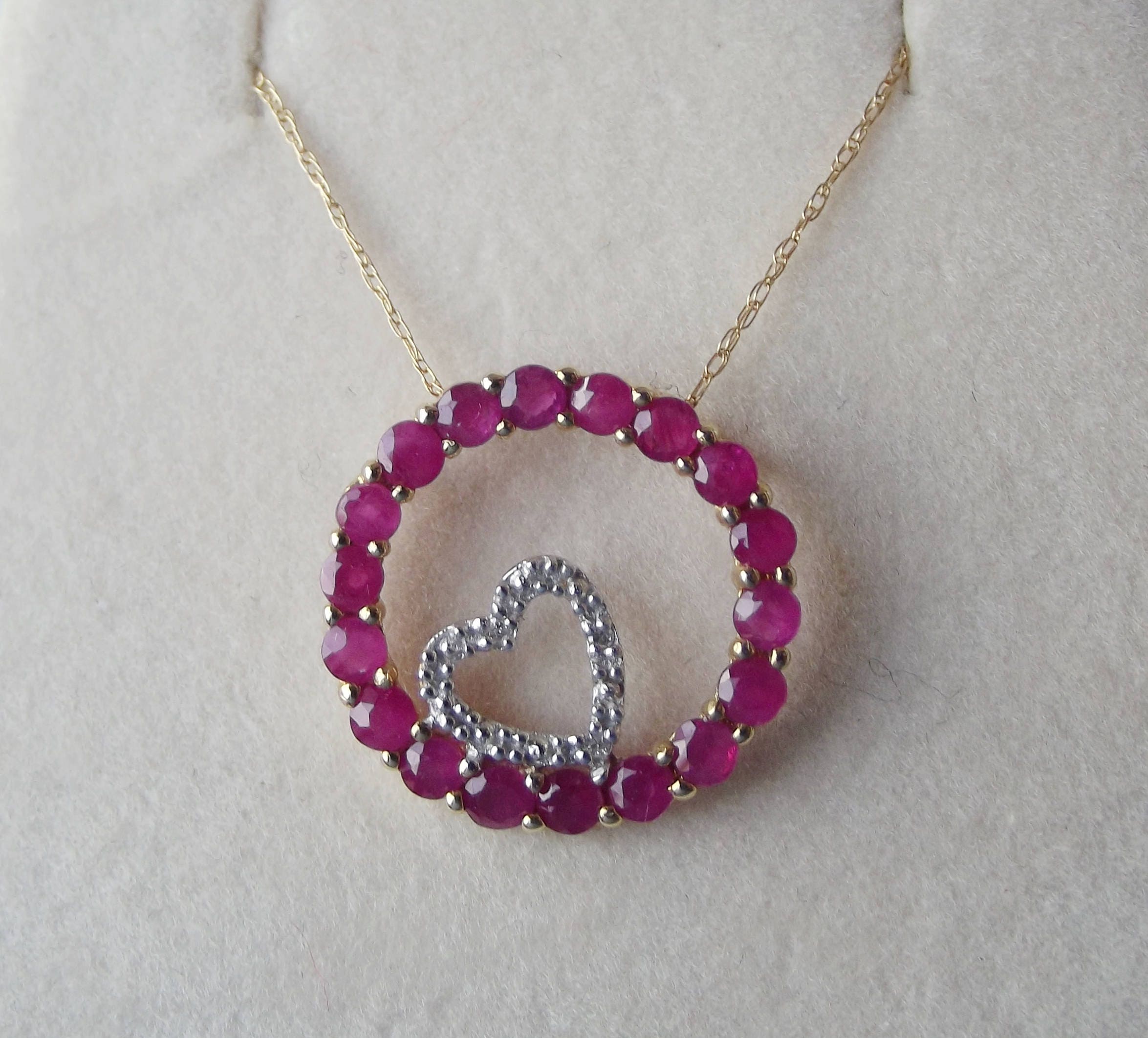 SALE: 10k YG Genuine Ruby and Diamond Heart Pendant Necklace