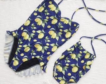 Mommy & Me matching swimsuits in Lemon Print in NAVY (baby - toddler, girls)