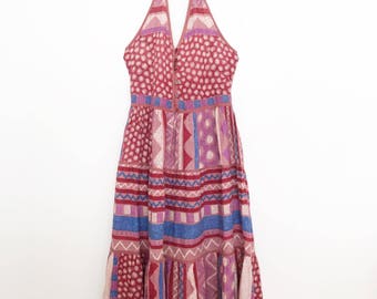 1970s indian cotton phool aztec print halter summer dress
