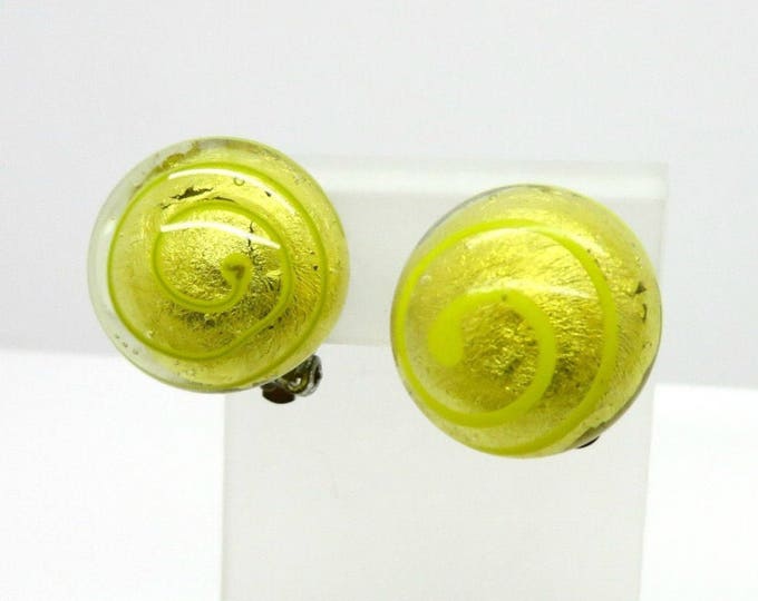 Vintage Dome Earrings, Yellow Foil Glass Earrings, Japan Clip-on Earrings, Dome Swirl Earrings, Summer Jewelry, Gift for Her