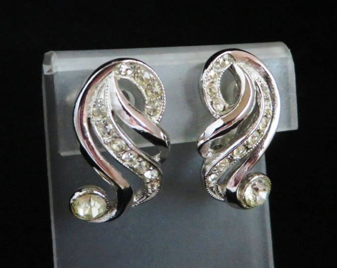 ORA Rhinestone Curved Earrings, Vintage Silver Tone Designed Signed Clip-on Earrings, Bridal Earrings