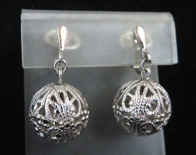 Trifari Dangling Ball Earrings | Vintage Filigree Clip-ons | Signed Designer Silver Tone Earrings