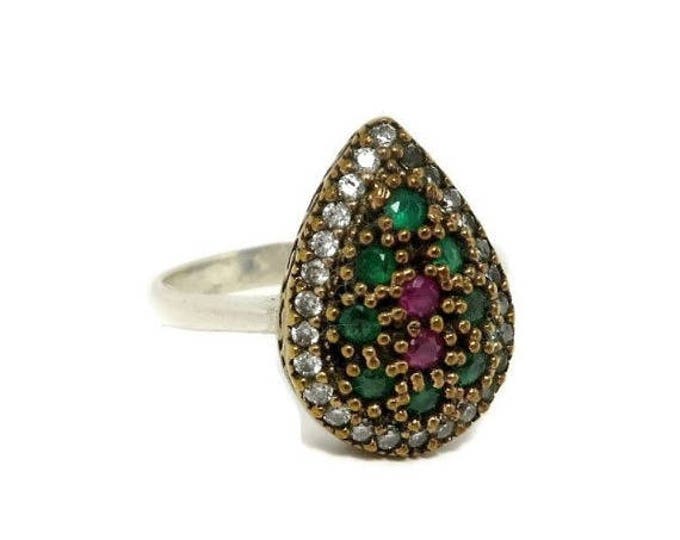 Vintage Emerald Ruby Topaz Ring, Two Tone Sterling Silver Ring, Pear Shaped Ring, Size 7.5