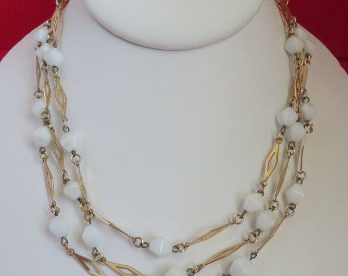 White & Goldtone Flapper Necklace, Long Beaded Necklace, Vintage Goldtone Necklace