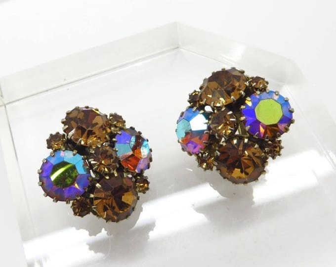 Rhinestone Cluster Earrings, Vintage Weiss Cognac Rhinestone Earrings, Cluster Clip-on Earrings, Gift for Her