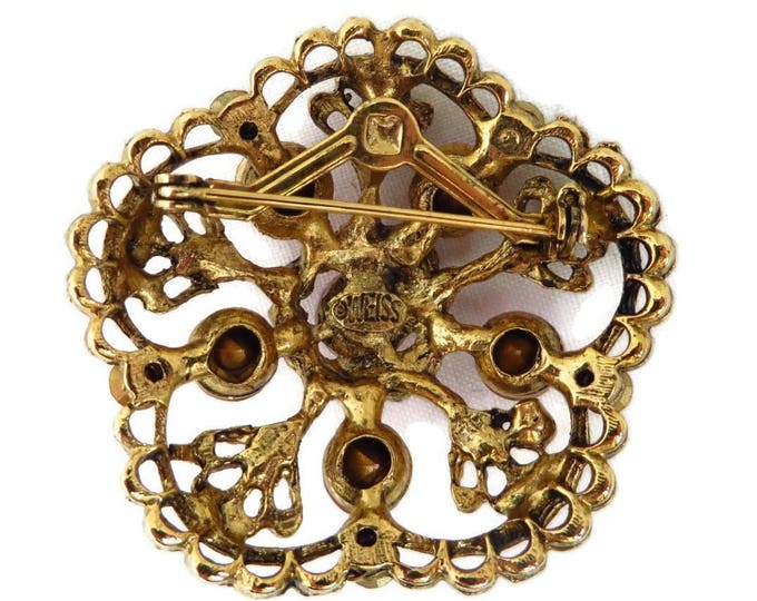 Pink Rhinestone Brooch, Mid Century Pin, Vintage Weiss Pink Rhinestone Brooch, AB Rhinestone Gold Tone Signed Designer Pin Pink Rhinestone Brooch, Mid Century Pin, Vintage Weiss Pink Rhinestone Brooch, AB Rhinestone Gold Tone Signed Designer Pin