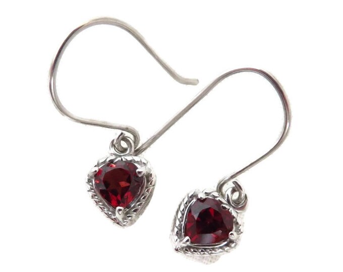 Vintage Garnet Heart Earrings, Sterling Silver Dangling Pierced Earrings, Bridal Jewelry, Valentine's Day Gift