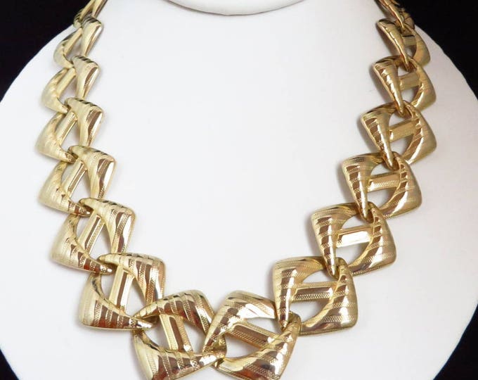 Vintage Tailored Link Necklace, Gold Tone Diagonal Striped Necklace, Gift for Her
