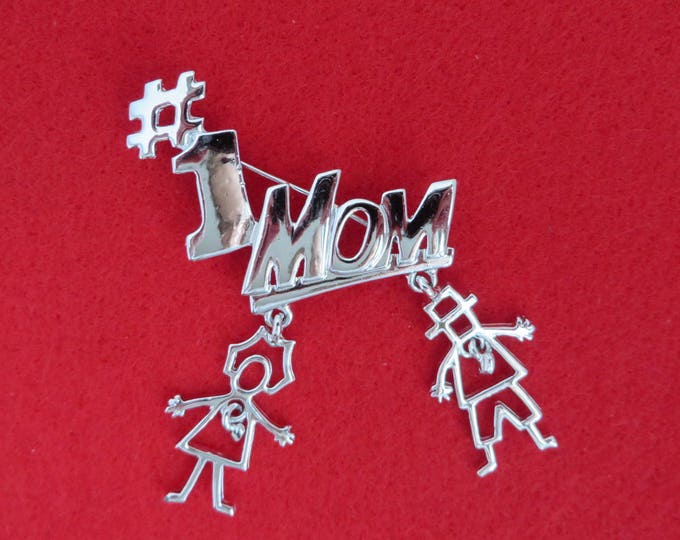 Vintage Mom Brooch - Signed AJC #1 Mom Silver Tone Pin, Dangling Kids Pin, Gift for Her, Gift Boxed