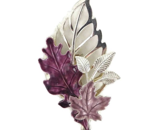 Signed KC Leaf Brooch - Vintage Purple Silver Tone Large Leaf Pin