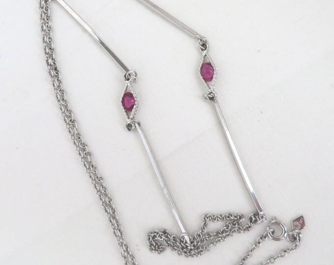 Vintage Sarah Coventry Necklace | Silver Tone Chain Link Pink Rhinestone Long Necklace