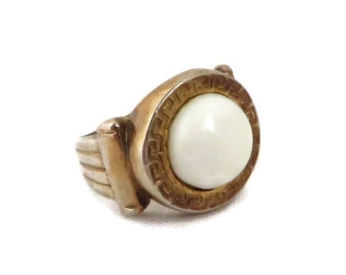 Sterling Silver White Cabochon Ring, Vintage Gold Plated Deco Style Ring, Size 6