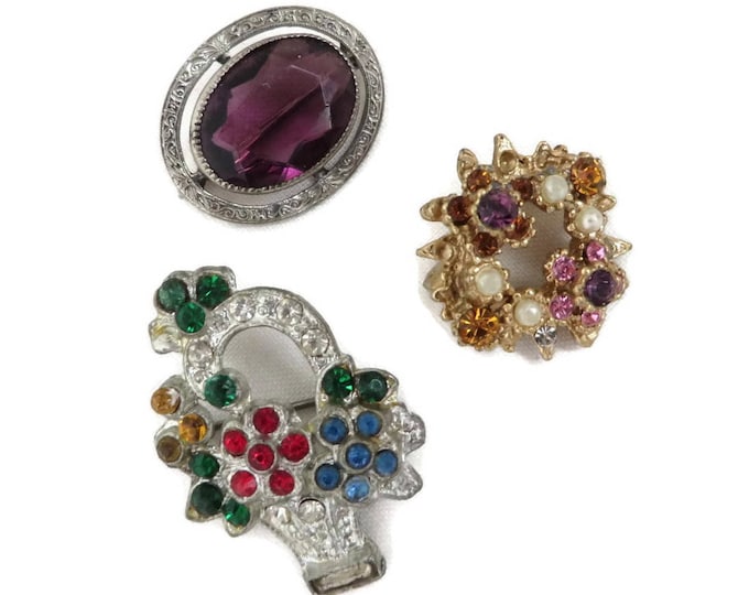 Vintage Rhinestone Brooch Trio, Silver Tone, Gold Tone Hat, Jacket, Coat Pins