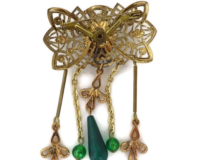 Dangling Bead Pin, Vintage Gold & Green Dangling Bead Brooch, Mid-Century Gold Tone Filigree Pin