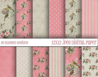Birds Digital Paper, Vintage, Birds on Pink, Digital Birds