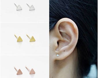 925 Sterling Silver Earrings, Triangle Earrings, Gold Plated Earrings, Rose Gold Plated Earrings, Stud Earrings, Size 3 mm (Code : K02B)