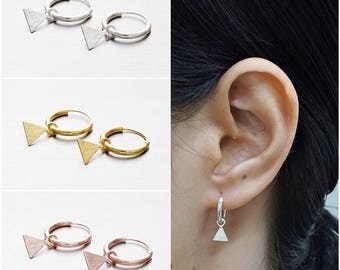 925 Sterling Silver Hoop Earrings, Triangle Brushed Earrings, Gold Plated Earrings, Rose Gold Plated Earrings, Hoop Earrings (Code : CH4)