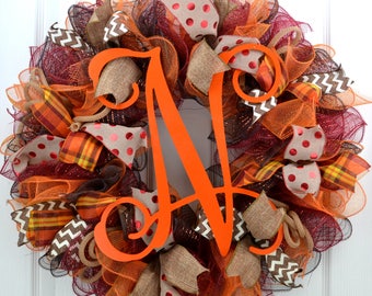 Monogram Fall Wreath - Fall wreath with Monogram - Fall Wreath with Initial - Thanksgiving Mesh Wreath - Fall Front Door Wreath -Fall wreath