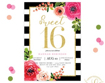 Sweet 16 Invitation | Black and White Striped Invitation | Kate Spade Birthday Party Invitation | Floral Invitation | Printable Invitation
